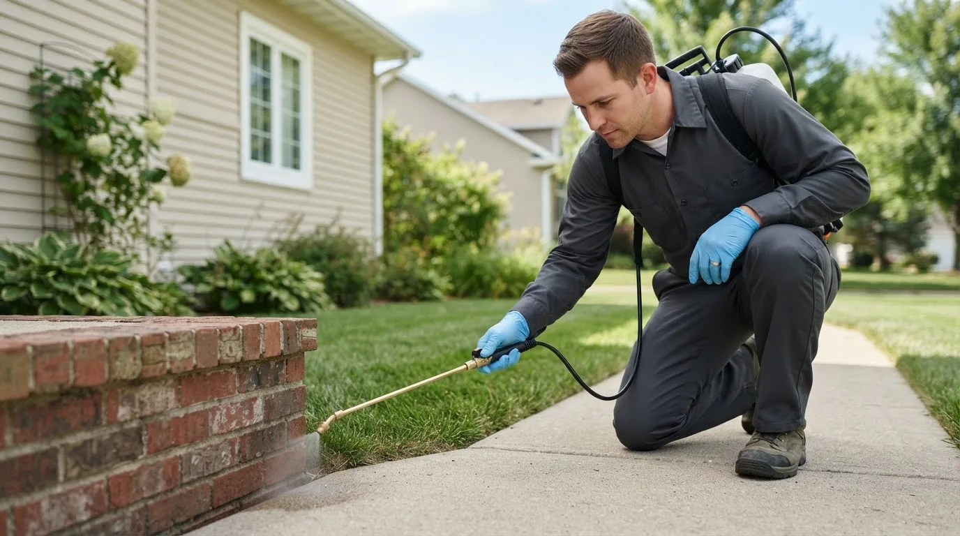 Pest control technician treating a home near Sylvia, KS